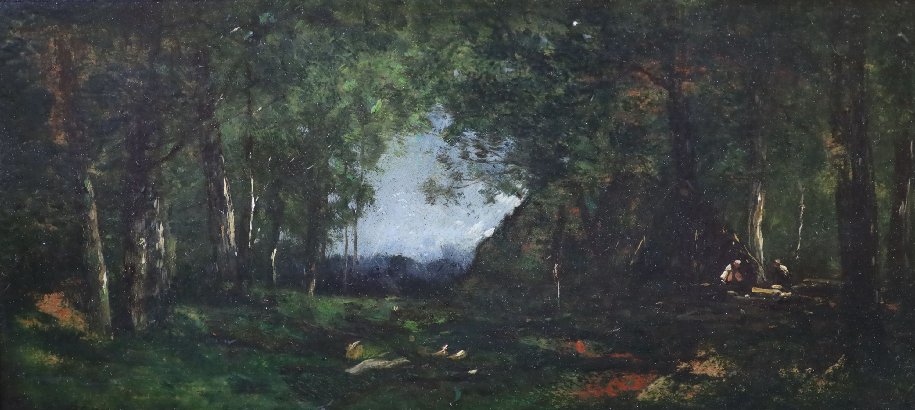 Charles Francois Daubigny (French, 1817-1878), Figures in woodland, Oil on wooden panel, 11 x 24cm.